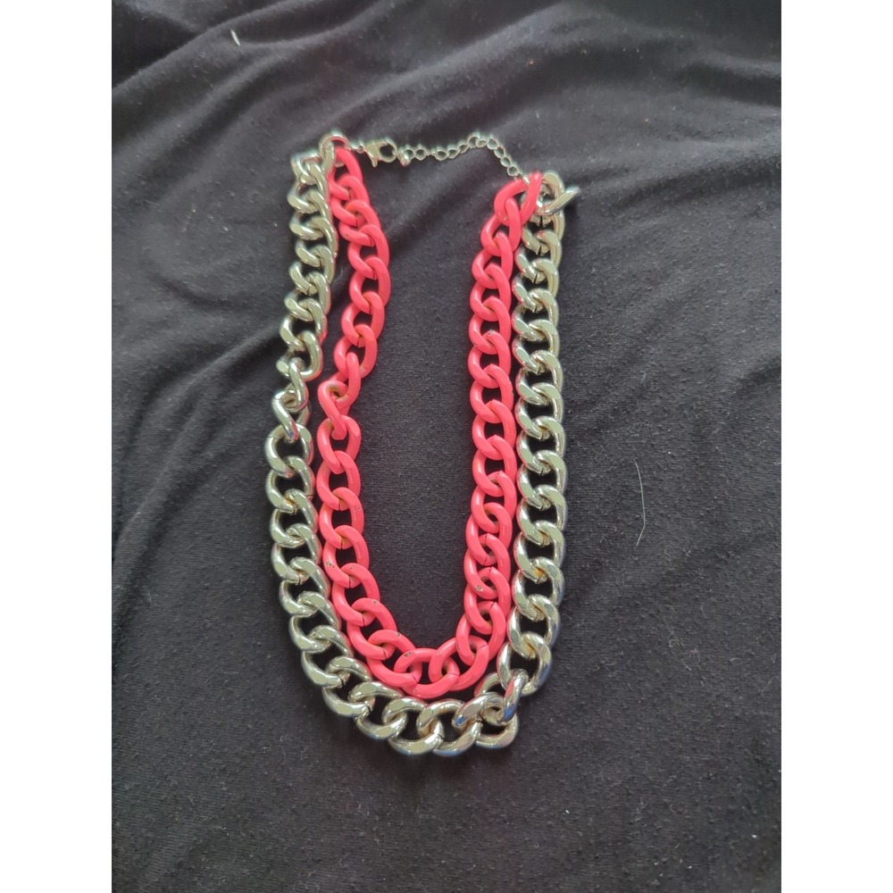 Chunky Hot Pink And Silver‎ Toned Chain Necklace With Adjustable Clasp